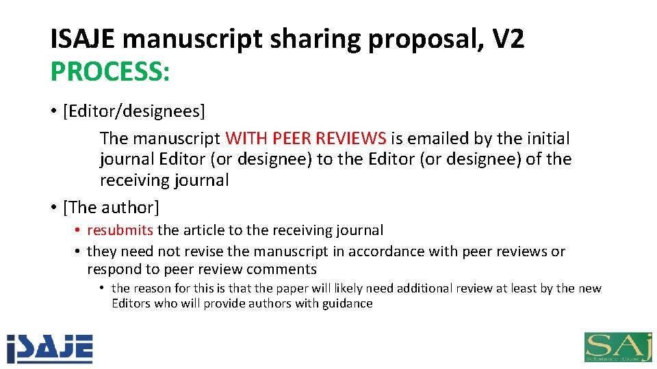 ISAJE manuscript sharing proposal, V 2 PROCESS: • [Editor/designees] The manuscript WITH PEER REVIEWS