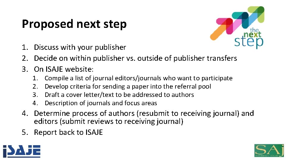 Proposed next step 1. Discuss with your publisher 2. Decide on within publisher vs.