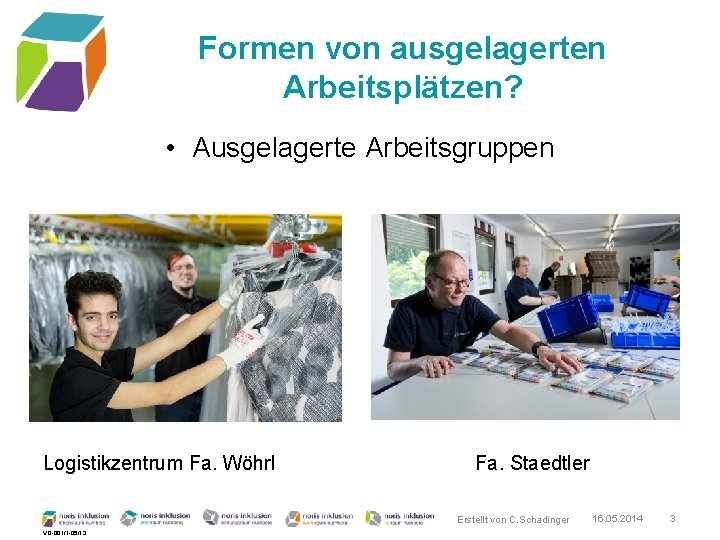 Formen von ausgelagerten Arbeitsplätzen? • Ausgelagerte Arbeitsgruppen Logistikzentrum Fa. Wöhrl Fa. Staedtler Erstellt von