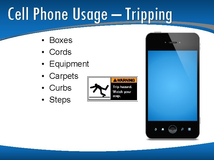 Cell Phone Usage – Tripping • • • Boxes Cords Equipment Carpets Curbs Steps Cell Phone Usage – Tripping • • • Boxes Cords Equipment Carpets Curbs Steps
