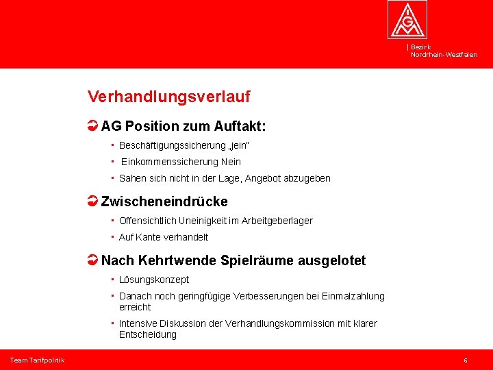 Bezirk Nordrhein-Westfalen Verhandlungsverlauf AG Position zum Auftakt: • Beschäftigungssicherung „jein“ • Einkommenssicherung Nein •