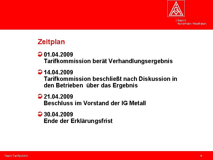 Bezirk Nordrhein-Westfalen Zeitplan 01. 04. 2009 Tarifkommission berät Verhandlungsergebnis 14. 04. 2009 Tarifkommission beschließt