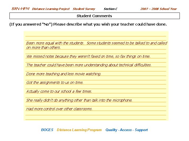 SAN-HFM Distance Learning Project Student Survey Section C 2007 – 2008 School Year Student