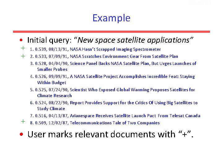 Sec. 9. 1. 1 Example • Initial query: “New space satellite applications” + +