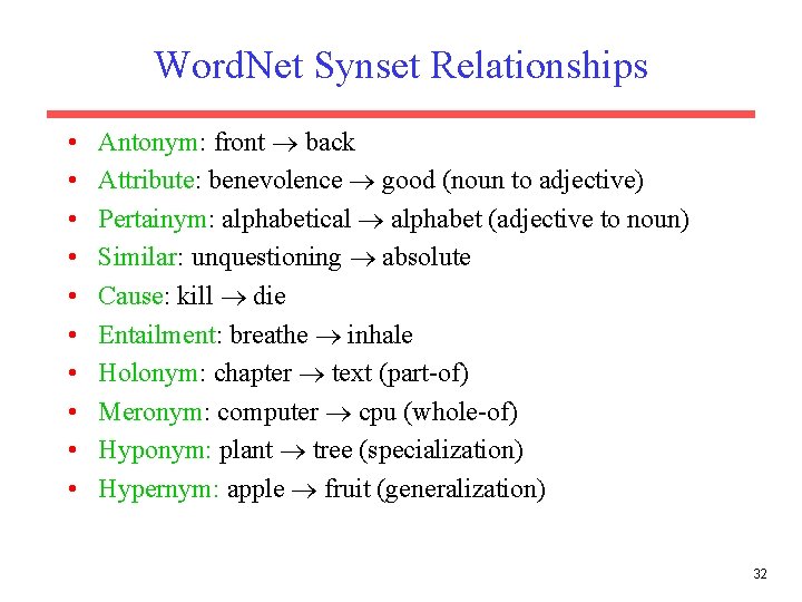 Word. Net Synset Relationships • • • Antonym: front back Attribute: benevolence good (noun