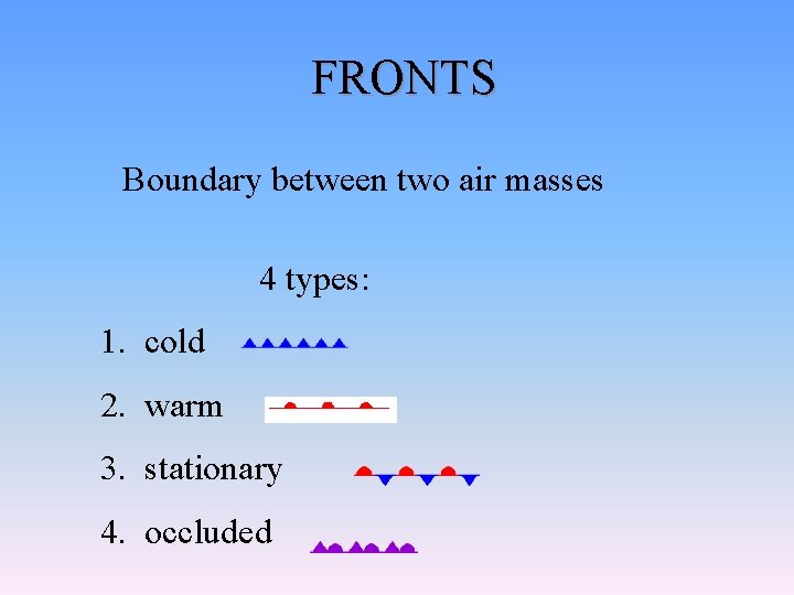 FRONTS Boundary between two air masses 4 types: 1. cold 2. warm 3. stationary