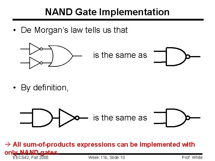 NAND Gate Implementation • De Morgan’s law tells us that is the same as NAND Gate Implementation • De Morgan’s law tells us that is the same as