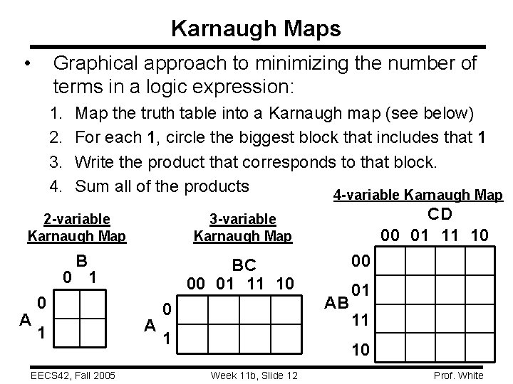 Karnaugh Maps • Graphical approach to minimizing the number of terms in a logic Karnaugh Maps • Graphical approach to minimizing the number of terms in a logic