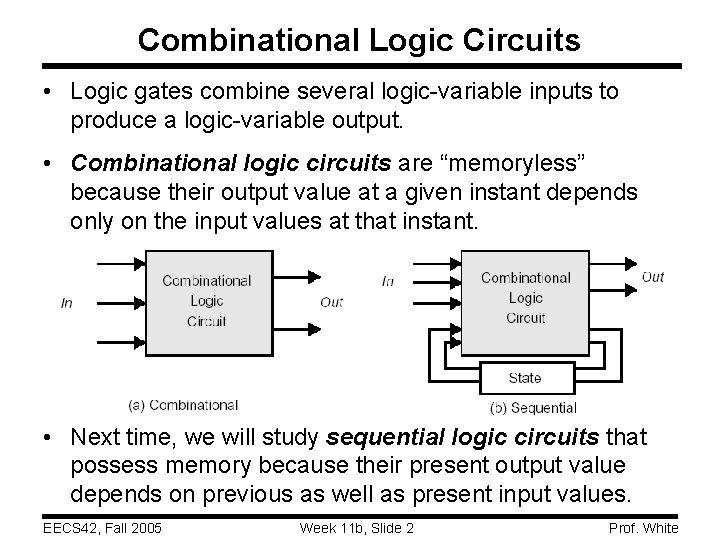 Combinational Logic Circuits • Logic gates combine several logic-variable inputs to produce a logic-variable Combinational Logic Circuits • Logic gates combine several logic-variable inputs to produce a logic-variable