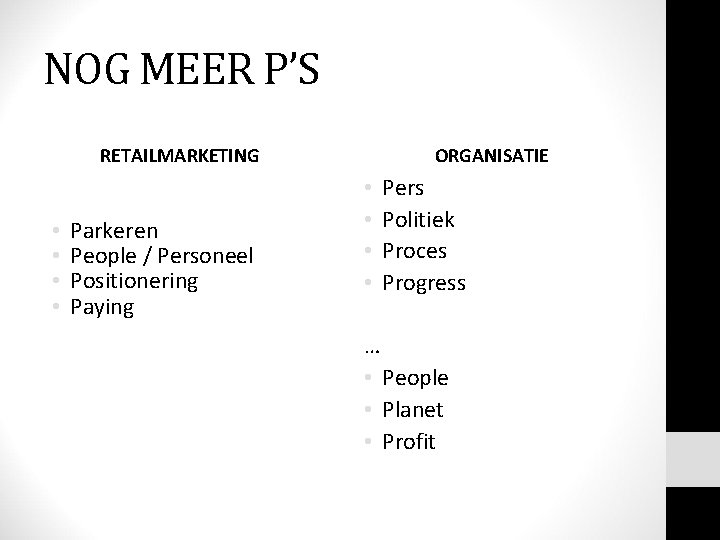 NOG MEER P’S RETAILMARKETING • • Parkeren People / Personeel Positionering Paying ORGANISATIE •