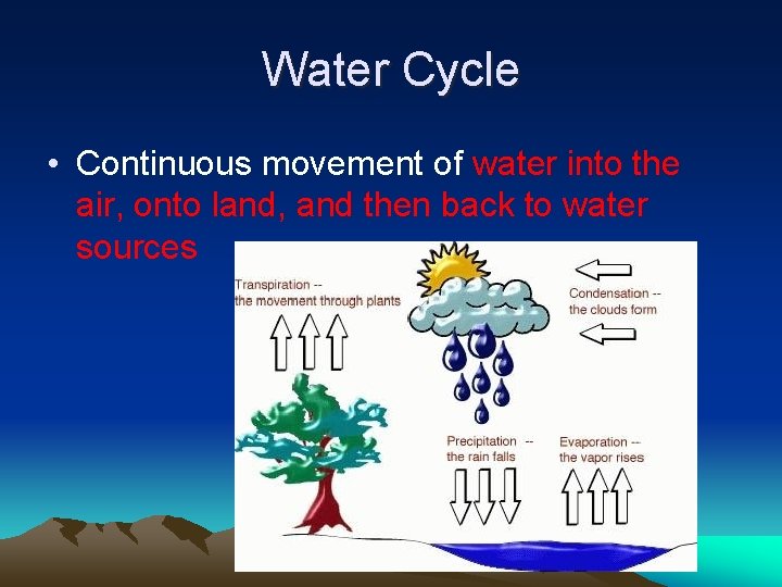 Water Cycle • Continuous movement of water into the air, onto land, and then