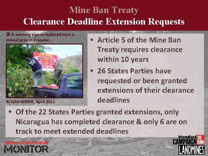 Mine Ban Treaty Clearance Deadline Extension Requests A warning sign is replaced near a