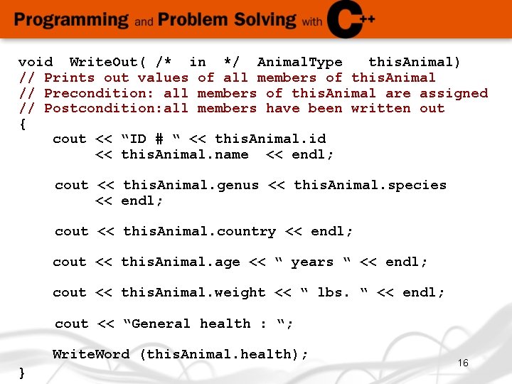 void Write. Out( /* in */ Animal. Type this. Animal) // Prints out values void Write. Out( /* in */ Animal. Type this. Animal) // Prints out values
