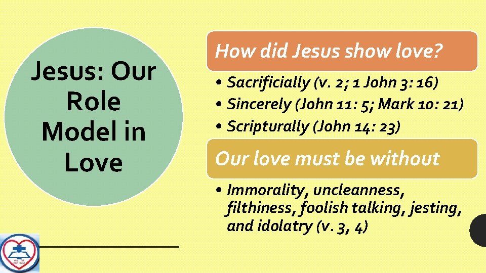 Jesus: Our Role Model in Love How did Jesus show love? • Sacrificially (v.