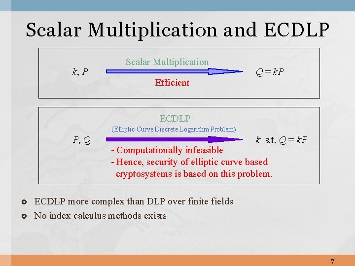 Scalar Multiplication and ECDLP k, P Scalar Multiplication Efficient Q = k. P ECDLP