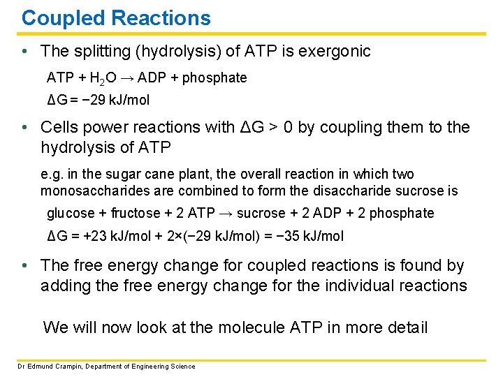 Coupled Reactions • The splitting (hydrolysis) of ATP is exergonic ATP + H 2