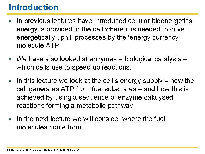 Introduction • In previous lectures have introduced cellular bioenergetics: energy is provided in the