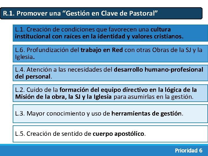 R. 1. Promover una “Gestión en Clave de Pastoral” L. 1. Creación de condiciones