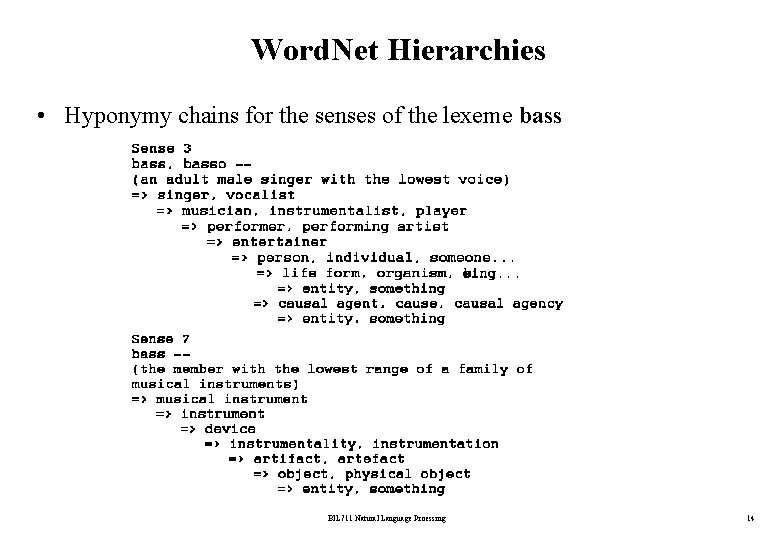 Word. Net Hierarchies • Hyponymy chains for the senses of the lexeme bass BİL