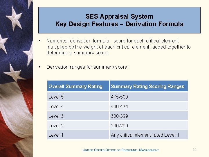 SES Appraisal System Key Design Features – Derivation Formula • Numerical derivation formula: score