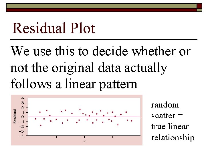 Residual Plot We use this to decide whether or not the original data actually