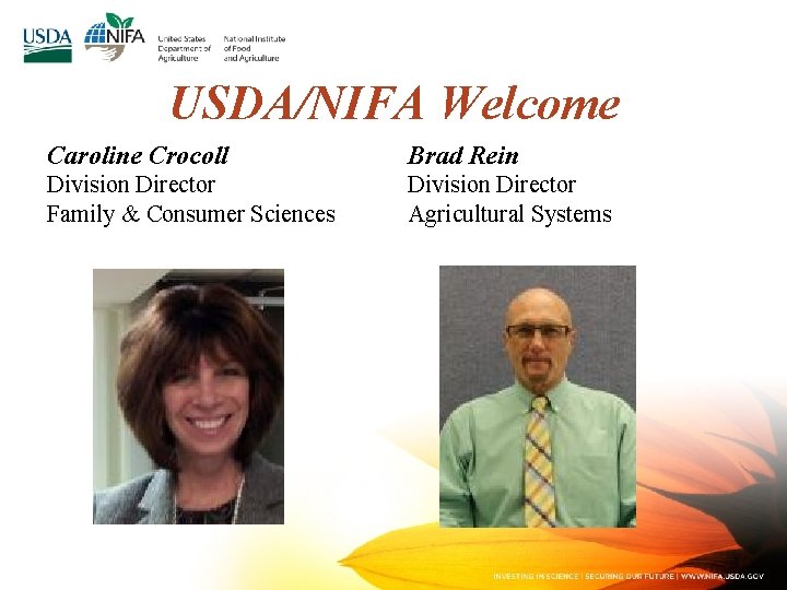 USDA/NIFA Welcome Caroline Crocoll Brad Rein Division Director Family & Consumer Sciences Division Director