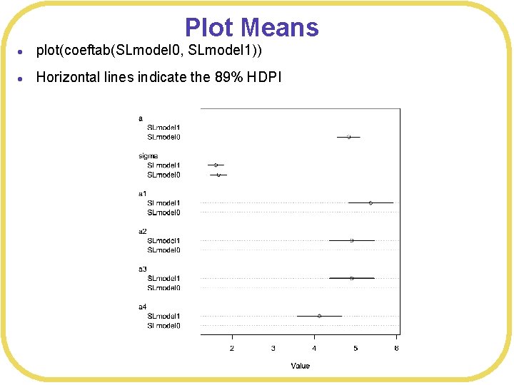 Plot Means l plot(coeftab(SLmodel 0, SLmodel 1)) l Horizontal lines indicate the 89% HDPI