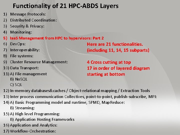 Functionality of 21 HPC-ABDS Layers 1) Message Protocols: 2) Distributed Coordination: 3) Security &