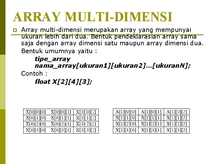 ARRAY MULTI-DIMENSI p Array multi-dimensi merupakan array yang mempunyai ukuran lebih dari dua. Bentuk