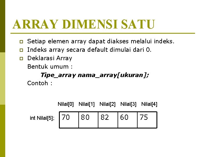 ARRAY DIMENSI SATU p p p Setiap elemen array dapat diakses melalui indeks. Indeks