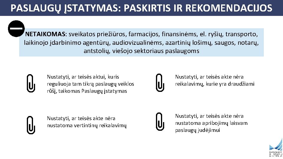 PASLAUGŲ ĮSTATYMAS: PASKIRTIS IR REKOMENDACIJOS NETAIKOMAS: sveikatos priežiūros, farmacijos, finansinėms, el. ryšių, transporto, laikinojo