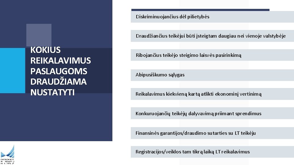 Diskriminuojančius dėl pilietybės Draudžiančius teikėjui būti įsteigtam daugiau nei vienoje valstybėje KOKIUS REIKALAVIMUS PASLAUGOMS