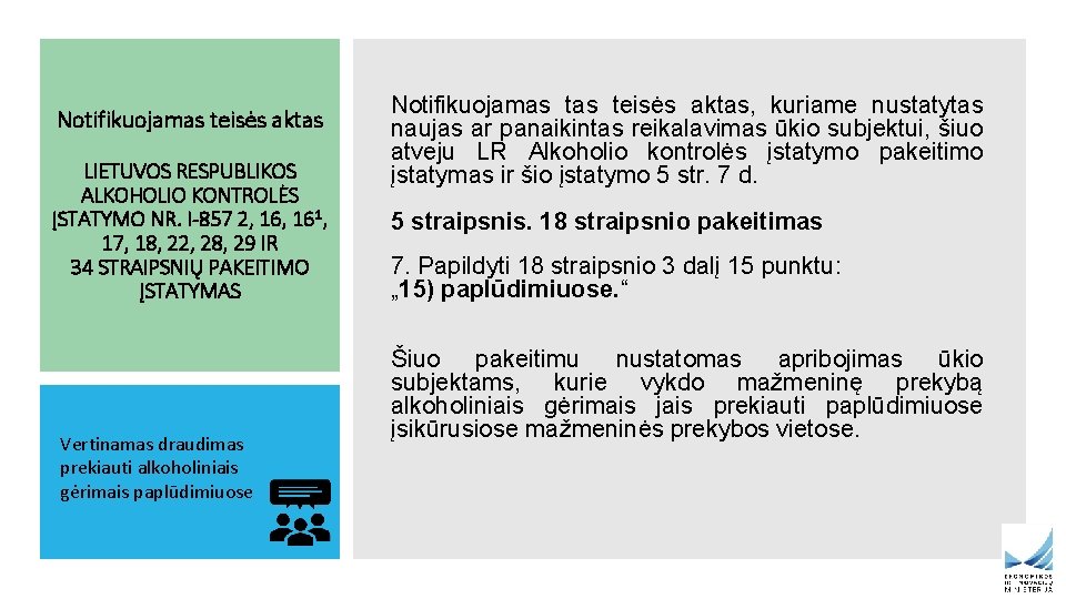 Notifikuojamas teisės aktas LIETUVOS RESPUBLIKOS ALKOHOLIO KONTROLĖS ĮSTATYMO NR. I-857 2, 161, 17, 18,