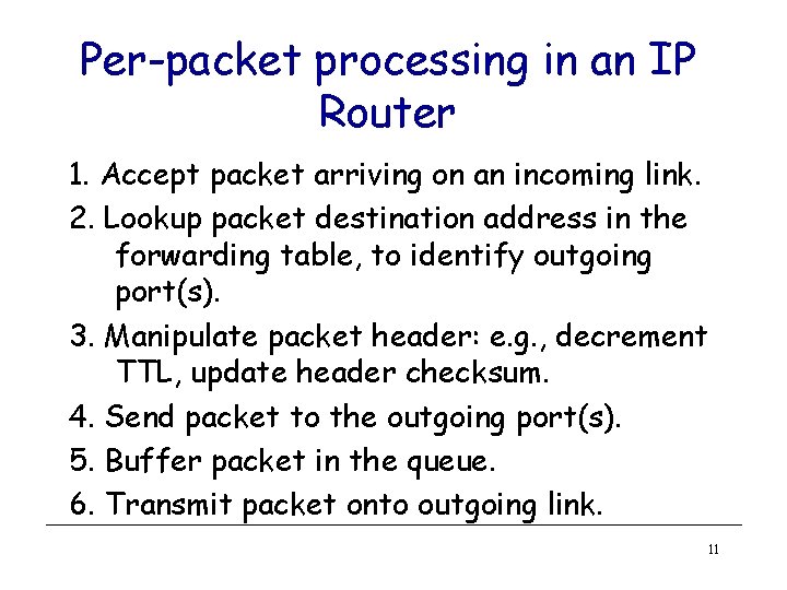 Per-packet processing in an IP Router 1. Accept packet arriving on an incoming link.