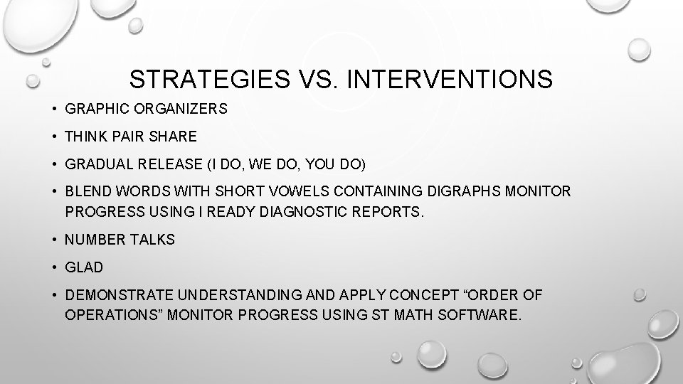 STRATEGIES VS. INTERVENTIONS • GRAPHIC ORGANIZERS • THINK PAIR SHARE • GRADUAL RELEASE (I