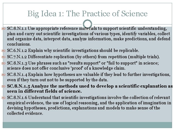 Big Idea 1: The Practice of Science SC. 8. N. 1. 1 Use appropriate