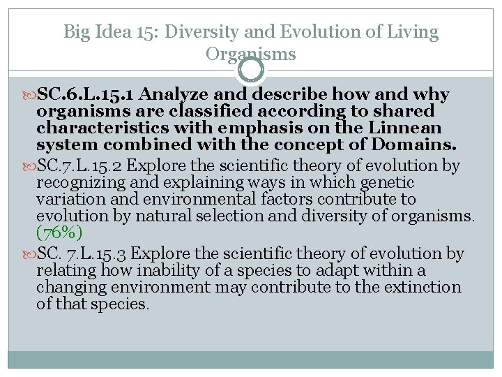 Big Idea 15: Diversity and Evolution of Living Organisms SC. 6. L. 15. 1