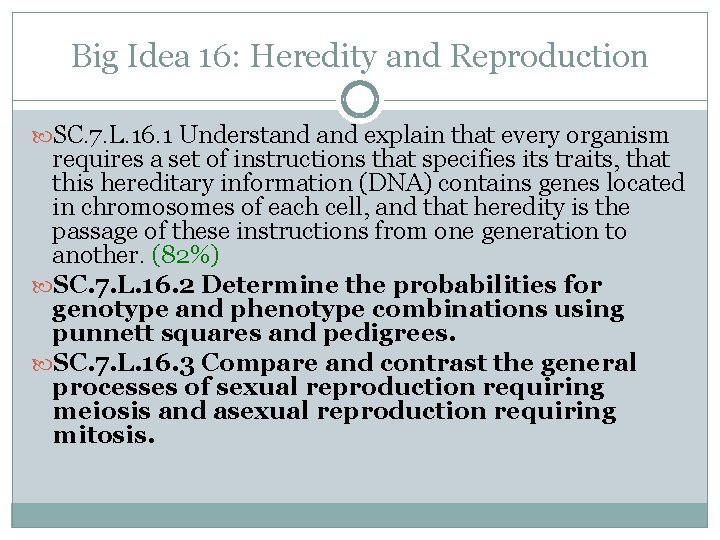 Big Idea 16: Heredity and Reproduction SC. 7. L. 16. 1 Understand explain that