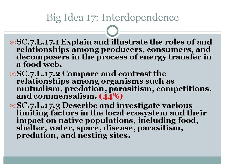 Big Idea 17: Interdependence SC. 7. L. 17. 1 Explain and illustrate the roles