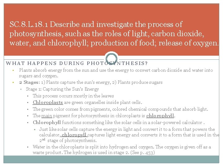 SC. 8. L. 18. 1 Describe and investigate the process of photosynthesis, such as