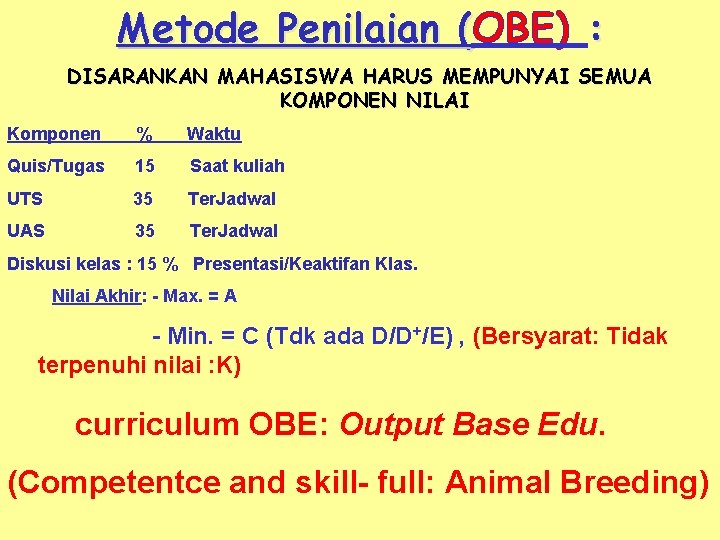 Metode Penilaian (OBE) : ( DISARANKAN MAHASISWA HARUS MEMPUNYAI SEMUA KOMPONEN NILAI Komponen %