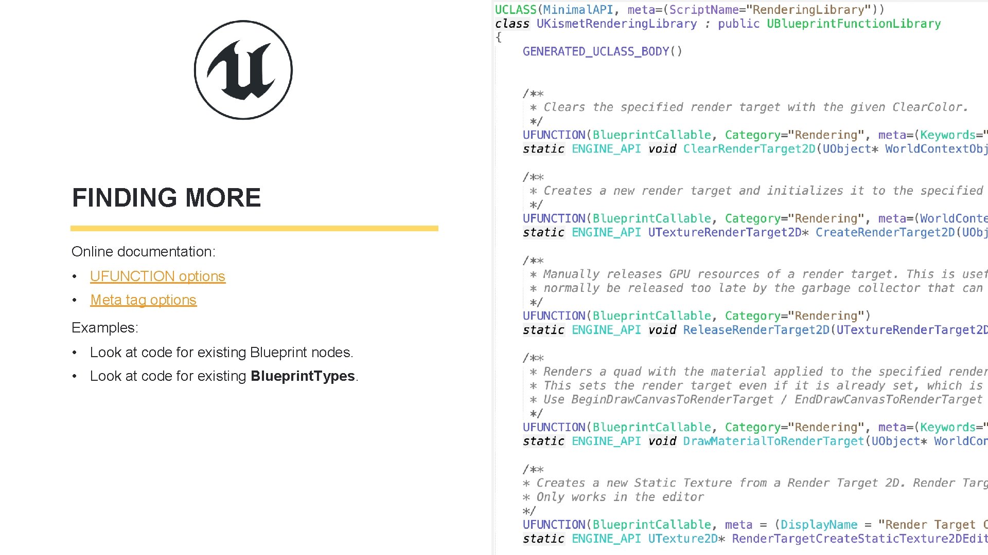 FINDING MORE Online documentation: • UFUNCTION options • Meta tag options Examples: • Look FINDING MORE Online documentation: • UFUNCTION options • Meta tag options Examples: • Look