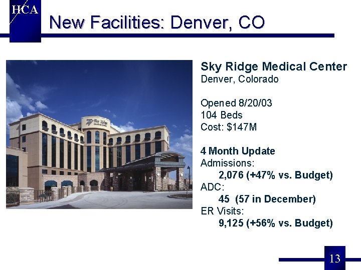 HCA New Facilities: Denver, CO Sky Ridge Medical Center Denver, Colorado Opened 8/20/03 104