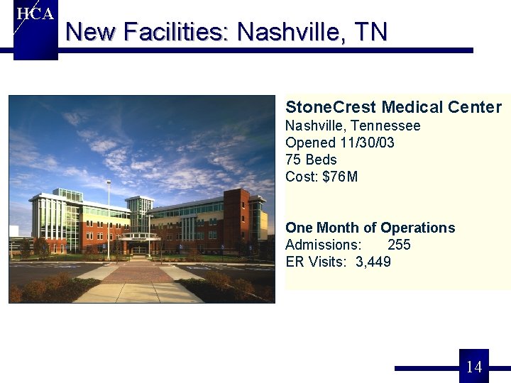 HCA New Facilities: Nashville, TN Stone. Crest Medical Center Nashville, Tennessee Opened 11/30/03 75