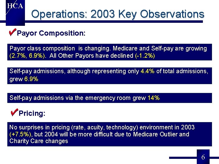 HCA Operations: 2003 Key Observations Payor Composition: Payor class composition is changing. Medicare and