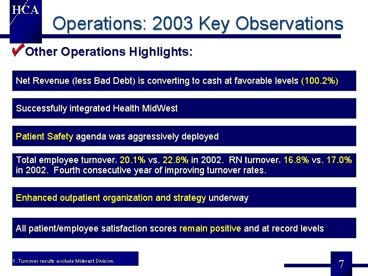HCA Operations: 2003 Key Observations Other Operations Highlights: Net Revenue (less Bad Debt) is