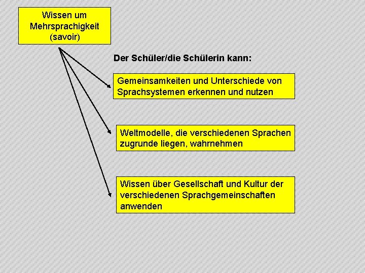 Wissen um Mehrsprachigkeit (savoir) Der Schüler/die Schülerin kann: Gemeinsamkeiten und Unterschiede von Sprachsystemen erkennen