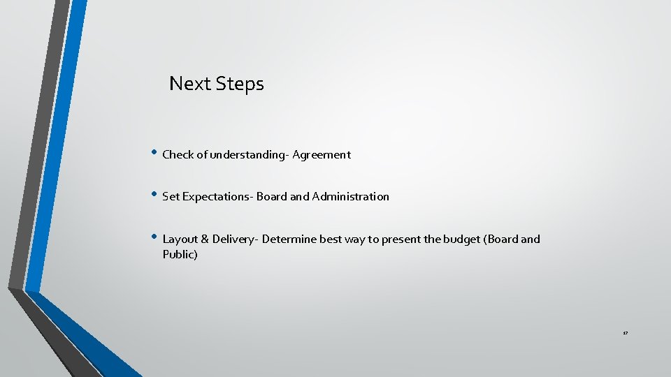 Next Steps • Check of understanding- Agreement • Set Expectations- Board and Administration •