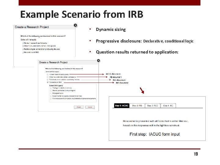 Example Scenario from IRB • Dynamic sizing • Progressive disclosure: Declarative, conditional logic •