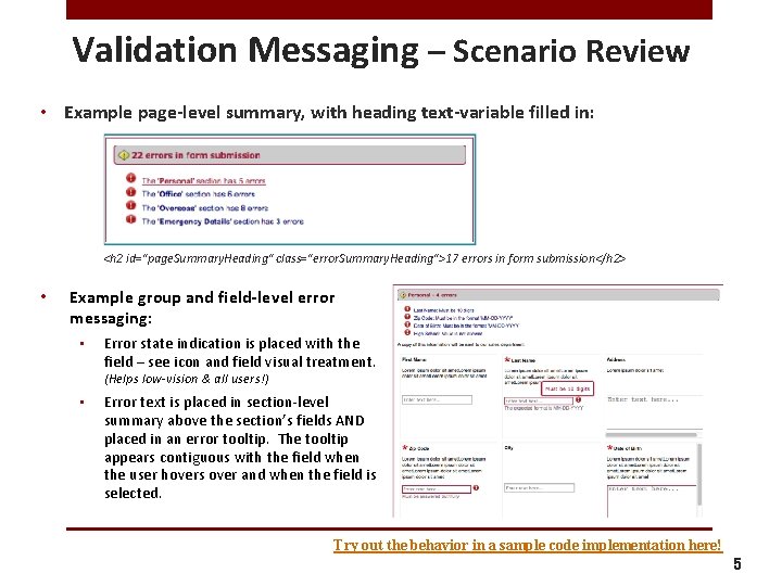 Validation Messaging – Scenario Review • Example page-level summary, with heading text-variable filled in: